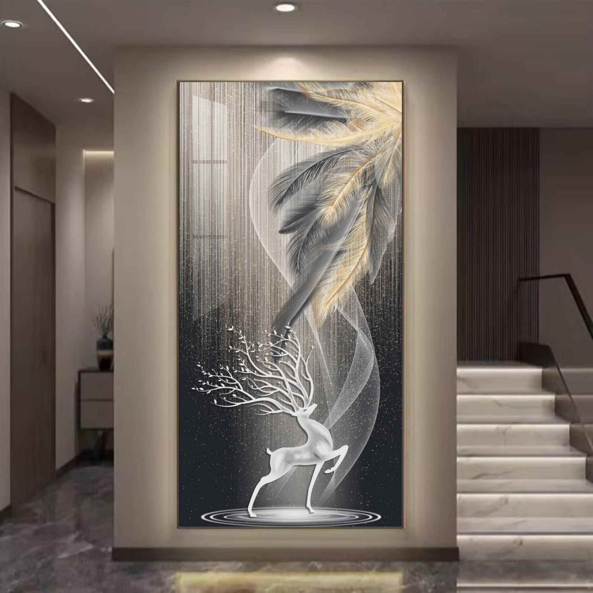 入户ld灯轻奢羽毛玄关画客厅沙发现落地画油风奶挂画GRU代简e约壁