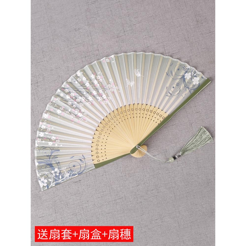 中国风扇子女士真丝折扇古风烤漆边工艺礼品扇古典舞蹈小折叠扇子