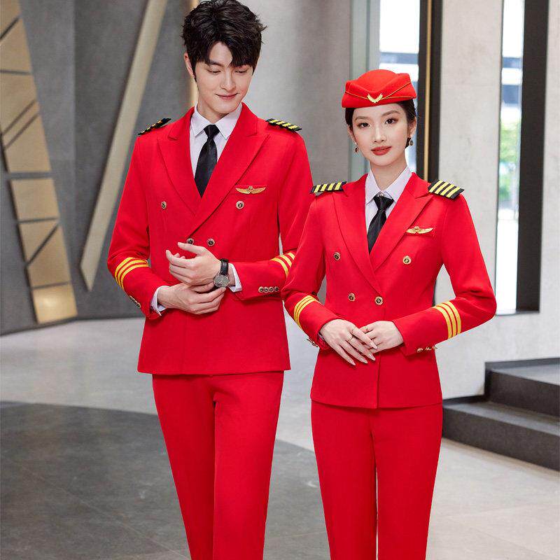 大红男女军鼓队演出服乐队套装航空姐乘务员机长工作制服军绿西装