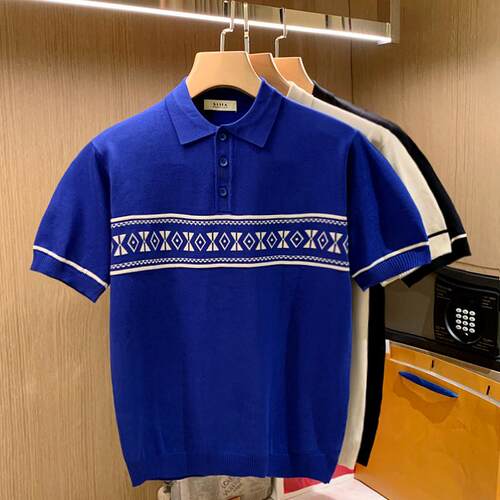MUSONMU夏季儒雅轻薄针织polo衫男 法式贵族范菱格翻领短袖t恤男