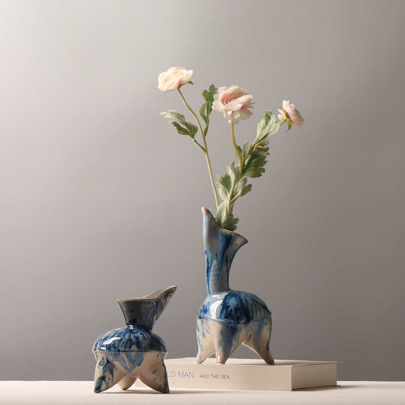 仿陶酒柜鬶花瓶创意中式摆件新中古工艺品摆设格子陶瓷窑变装饰品