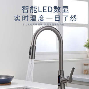 伸缩洗菜盆水槽 全铜厨房水龙头双水道冷热净水器三合一数显抽拉式