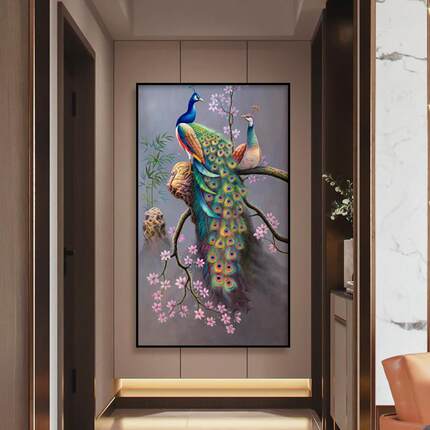 定做纯手玄关画孔绘雀客装饰门入竖户走廊厅高端壁画画挂画动油进