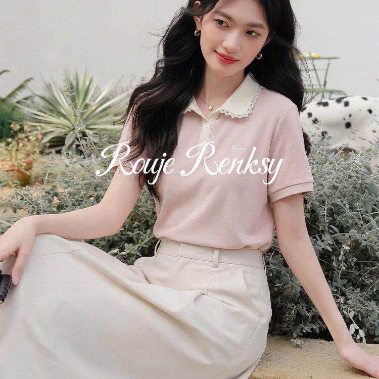 法国Rouje Renksy法式粉色甜美风polo领T恤女夏宽松显瘦气质上衣