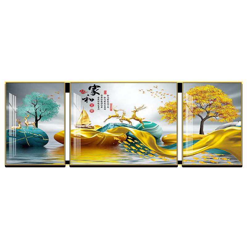 客厅装饰画沙发背景墙画壁画房间挂画三联画新中式北欧现代晶瓷画