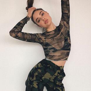 Women Camo Print Sheer Tulle Tee Casual Sleeve Round Neck