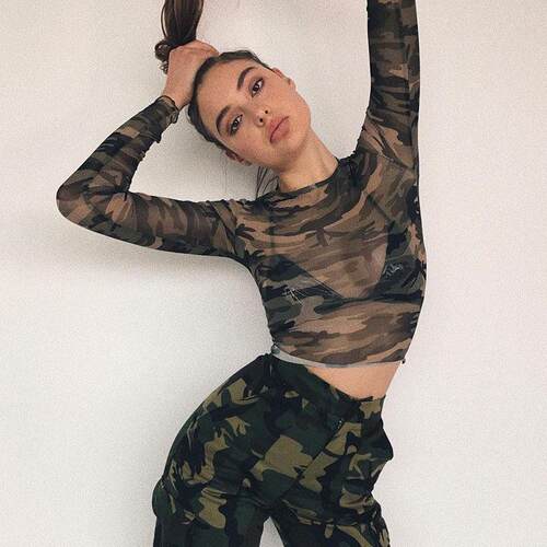 Women Camo Print Sheer Tulle Tee Casual Sleeve Round Neck
