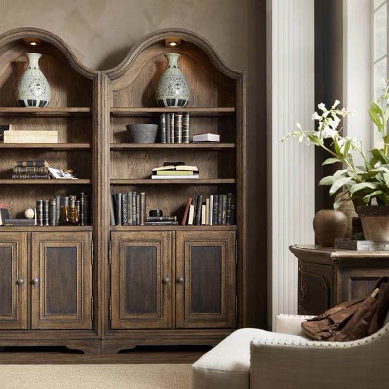 欧式实木做旧书柜美式乡村橡木雕花客厅书橱法式复古书架展示柜