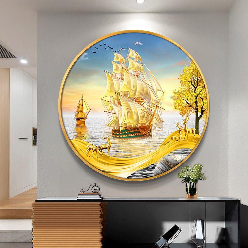 网红一帆风顺圆形玄关装饰画新中式客厅沙发背景墙帆船好寓意晶瓷图片