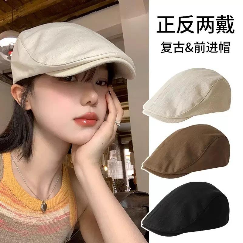 大头围法式贝雷帽女春秋款反戴古着前进帽显脸小黑色画家报童帽子