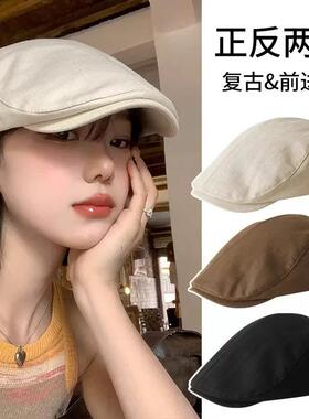 大头围法式贝雷帽女春秋款反戴古着前进帽显脸小黑色画家报童帽子