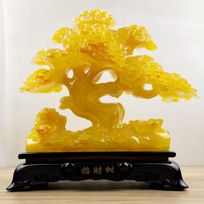 新款上市树脂仿蜜蜡招财树发财树摆件办公室开业招财树摆件