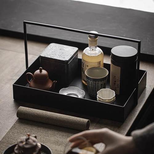 新中式简约铁艺托盘客厅茶室收间盒纳WLD茶棚茶盘托样板摆件配件