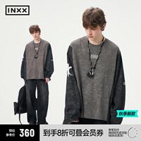 【INXX】撞色拼接长袖T恤男女同款覆古层次感印花圆领上衣打底衫