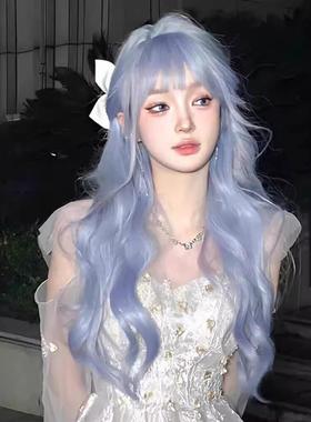新款直销假发女渐变灰蓝色长发水波纹自然大波浪长卷发2023秋冬全
