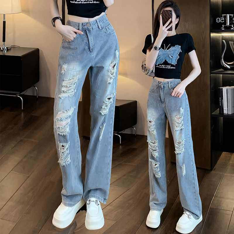 时尚破洞牛仔阔腿裤套装女春夏秋新款小个子长袖T恤直筒裤两件套