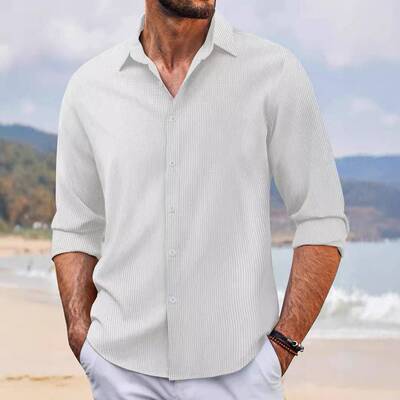 Men Casual Button Shirt Wrinkle Shirts Sleeve s Down