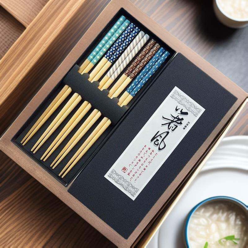 日式和风五色几何图工艺木筷子尖头礼盒装家用家庭筷分餐筷子