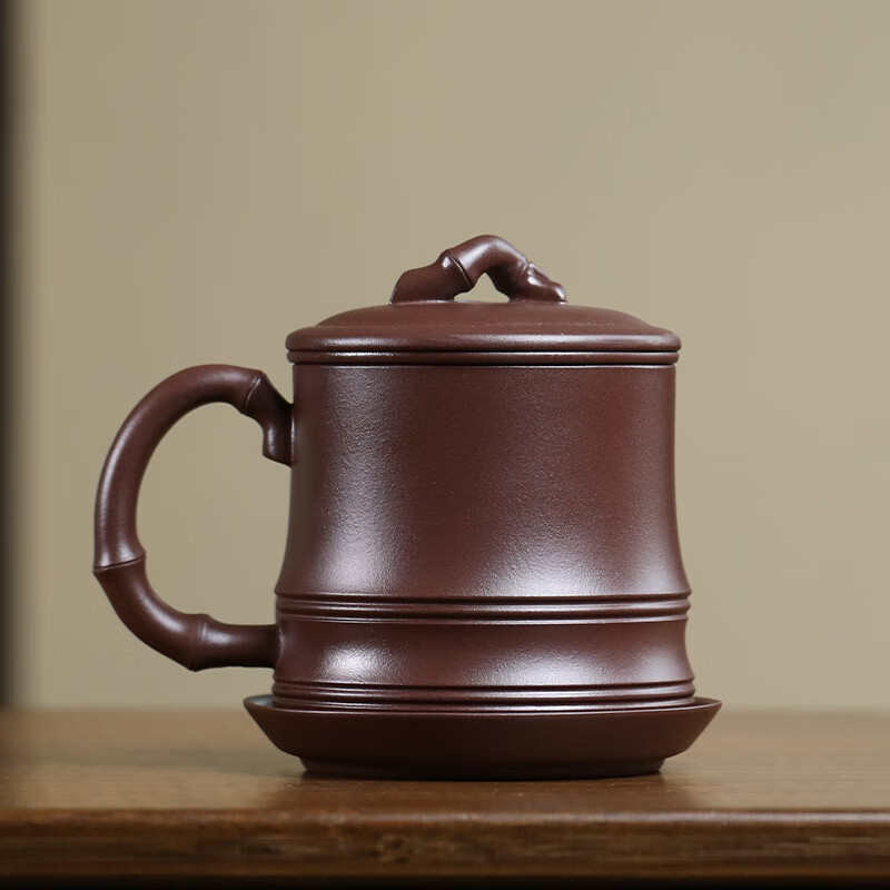 宜兴原矿紫泥竹节四件套紫砂杯带内胆茶水分离杯大容量办公泡茶杯