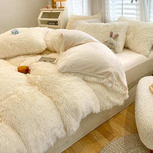 水貂纯色毛毯绒4长毛绒被套件套冬季保暖网绒简约款件套四红水晶