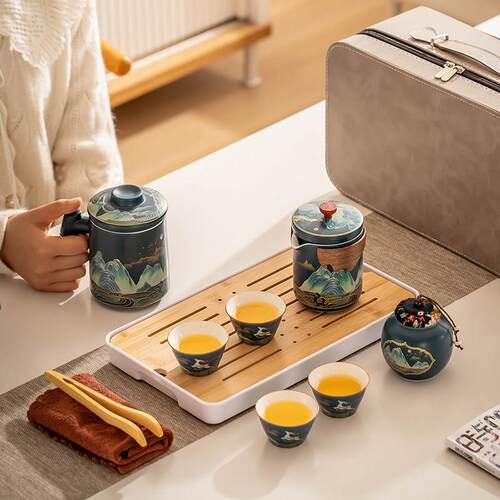 旅行茶具组套可携式包陶瓷户外露杯旅游营CPM024-一壶四杯快客喝