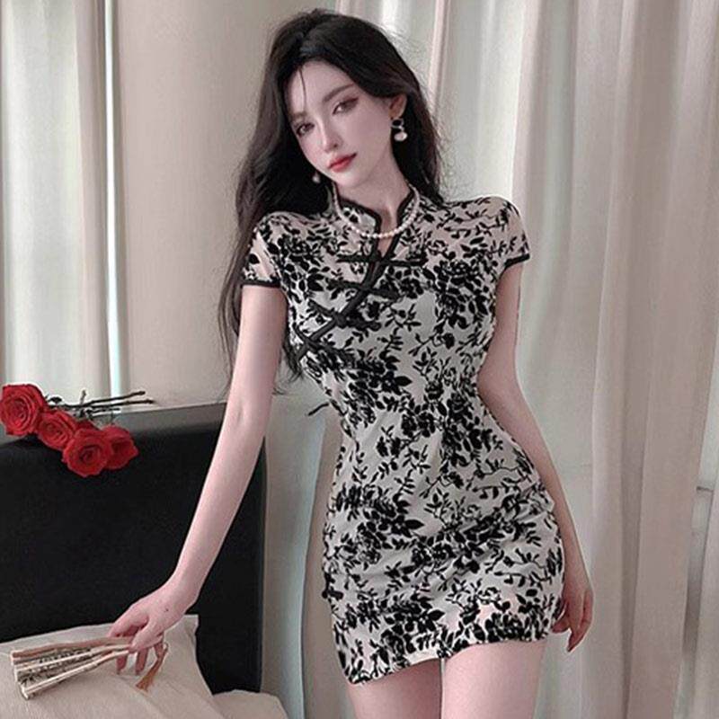 直播衣服女主播服装性感年轻款复古碎花短款少女旗袍改良版连衣裙