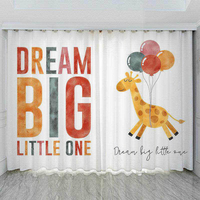 可爱卡通窗帘长颈鹿小象动物英文儿童房男孩女孩卧室幼儿园早教班