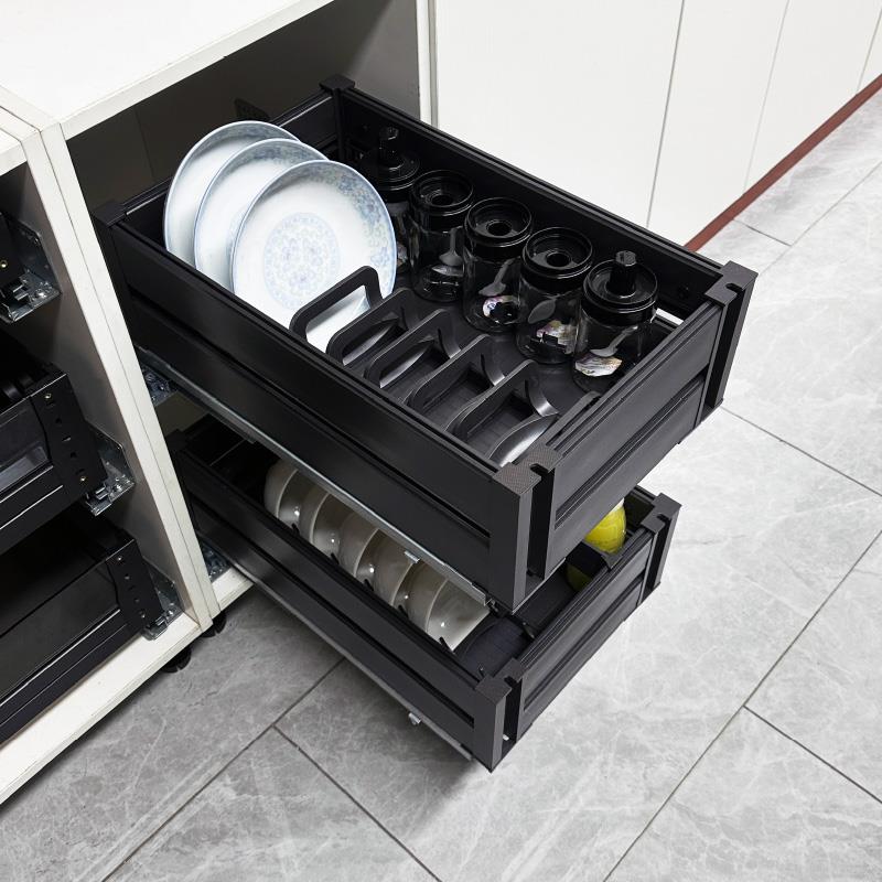 厨房橱柜拉篮双层铝合金抽中抽收纳碗碟架抽屉式碗架碗篮平篮置物