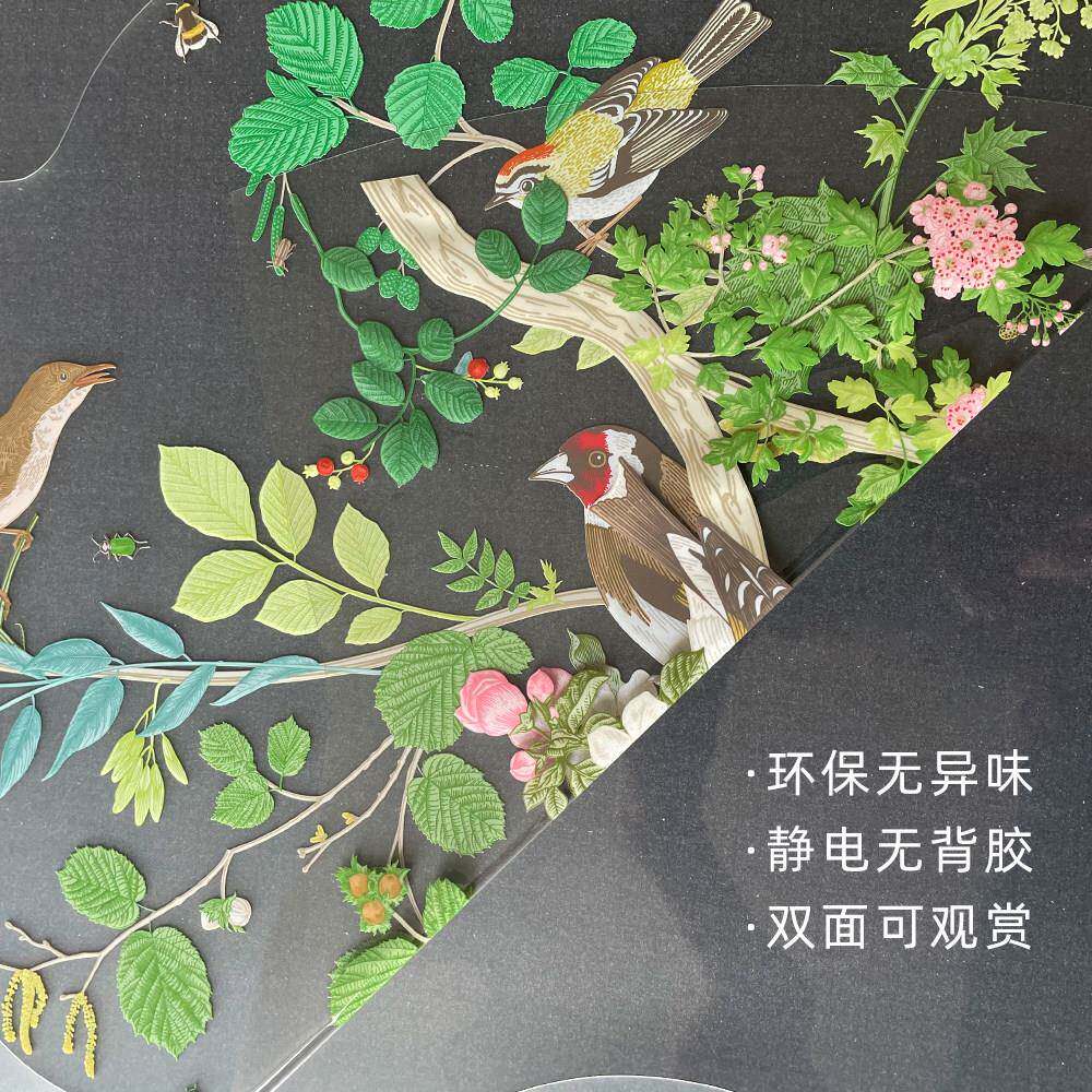 田园花朵鸟儿贴双璃面玻璃贴纸bf015饰美化玻贴膜窗无胶镜子窗装