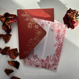 深红酒红色花卉婚礼女神请柬，卡片烫金信封套硫酸纸半透明腰封