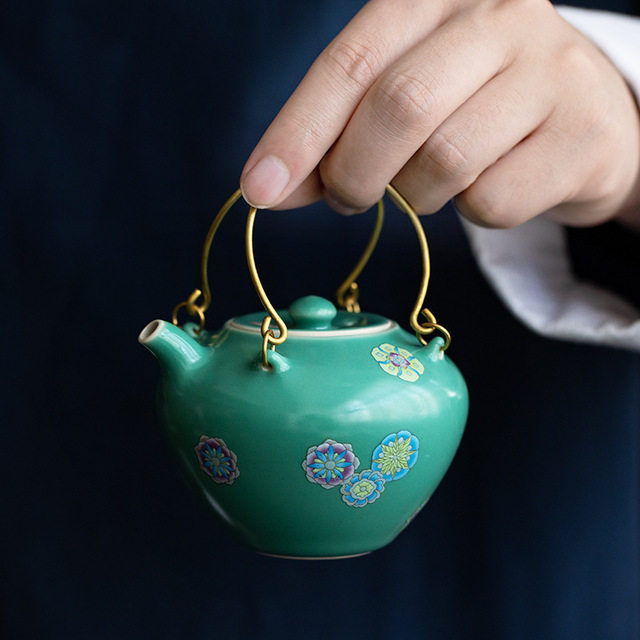 草木祠 雅致皮球花四合提梁壶松石绿日式小茶壶陶瓷功夫泡茶壶
