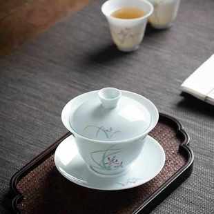 手工影青薄胎陶瓷盖碗功夫茶具家用泡茶碗 景德镇青白瓷三才盖碗