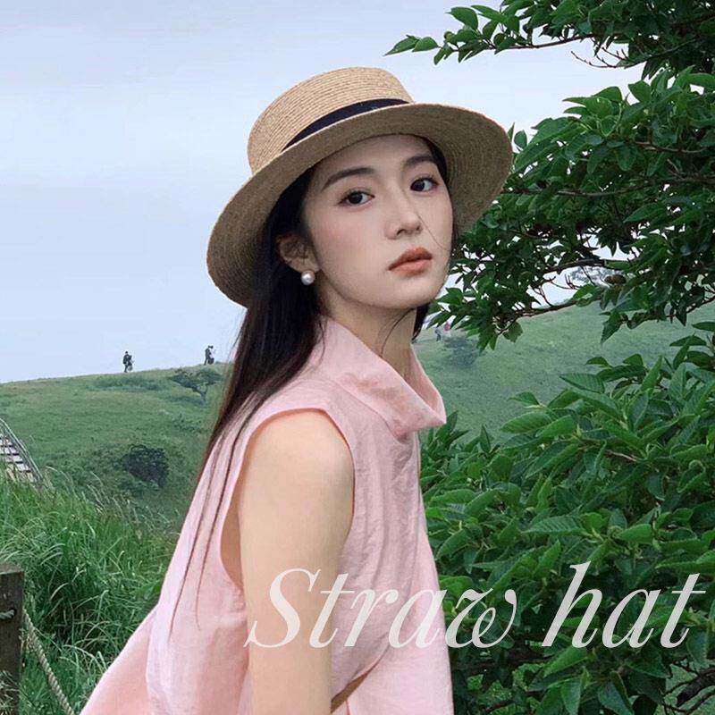 新款防晒夏季遮阳法式平顶草帽黑带女大头围海边沙滩礼帽防晒编织 - 实物图