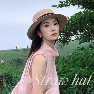 新款防晒夏季遮阳法式平顶草帽黑带女大头围海边沙滩礼帽防晒编织