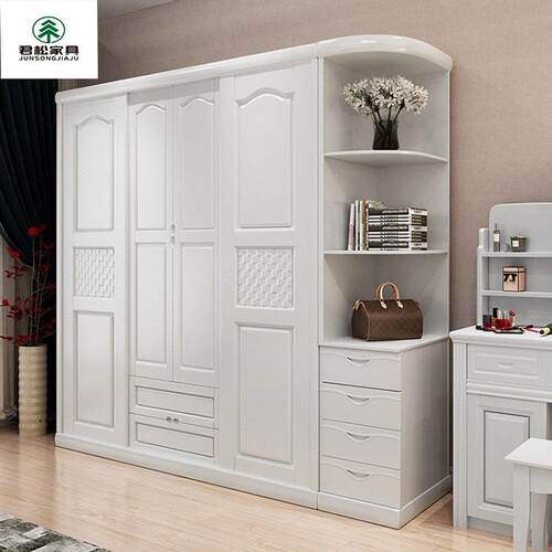 简约新中式实木衣柜对开双门组装储物柜四门推拉可加顶大衣橱家具
