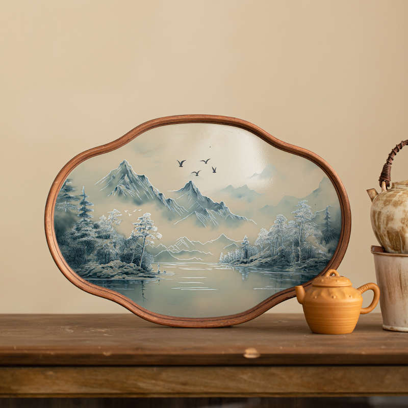 寒江雪玻璃海棠托盘竹制托盘功夫茶具茶托简约茶室多功能收纳盘