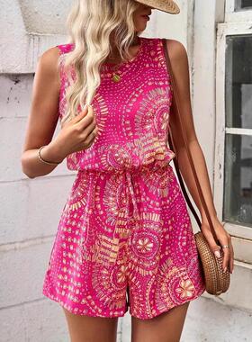Women'S Bohemian Sleeveless Round Neck Jumpsuit, Floral