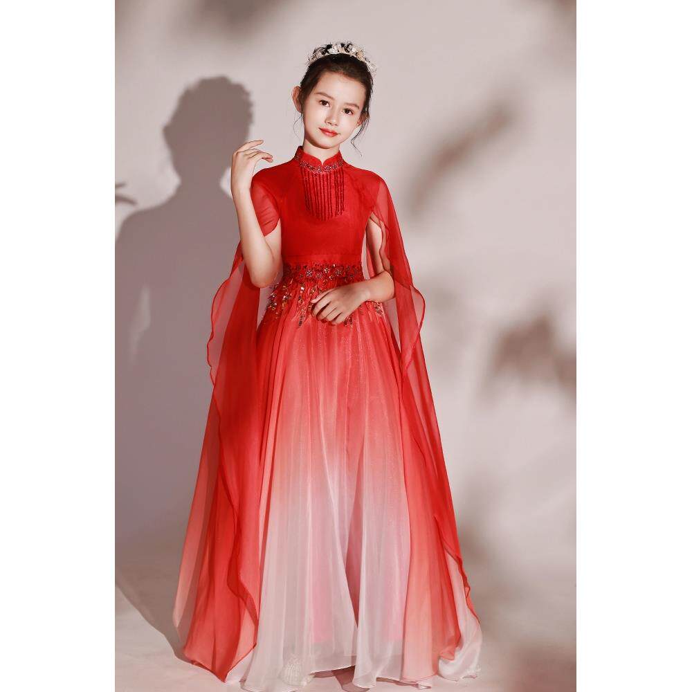 正品童新款儿童琵古筝演出服女大琶乐民艺考演奏服礼服雪纺长裙红