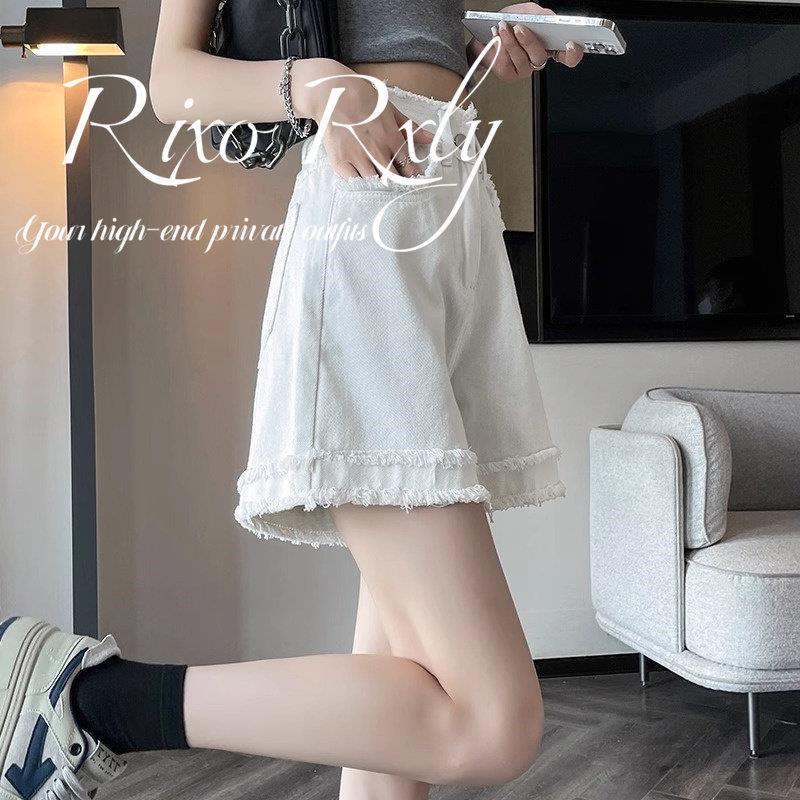 RIXO RXLY白色毛边牛仔短裤女夏季小众设计感高腰显瘦休闲宽裤