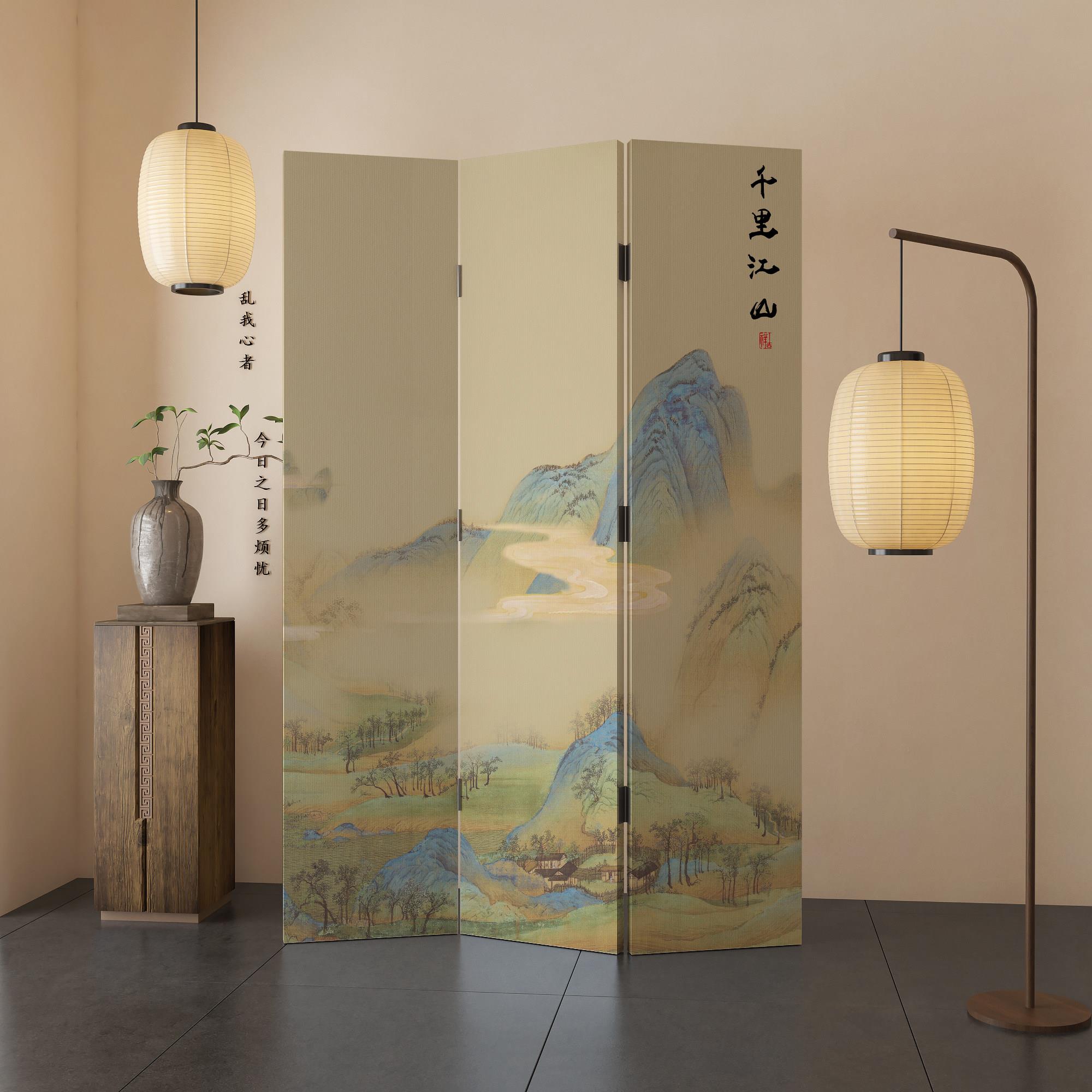 客厅玄关屏风隔断遮挡装饰画中式千里江山可移动折叠隔断2025新款