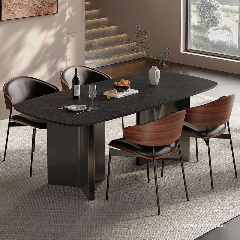 岩板餐桌小户型客厅中古风法式复古不锈钢轻奢饭桌子简约现代意式
