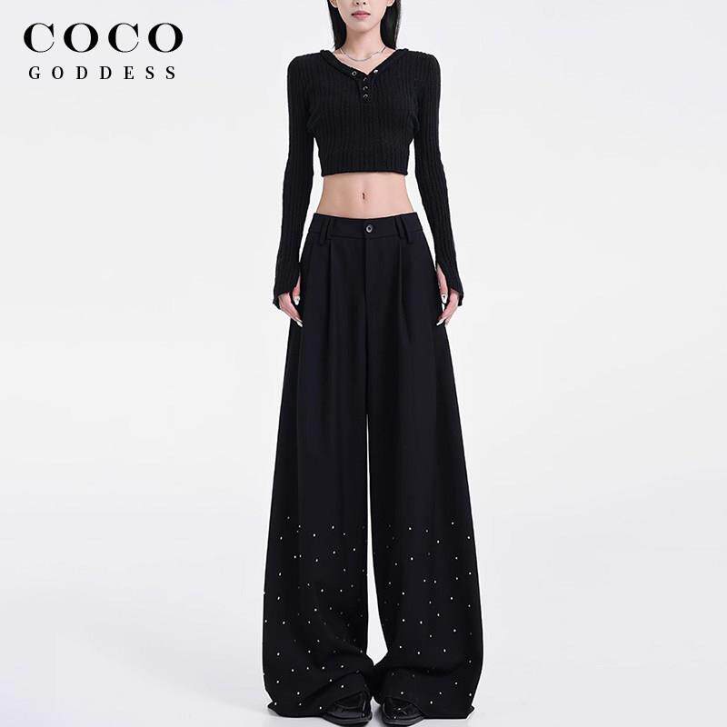 COCO&GODDESS黑色烫钻设计感西装裤女2025夏季新款宽松显瘦阔腿裤