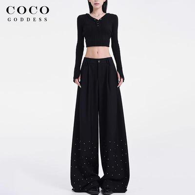 COCO&GODDESS黑色烫钻设计感西装裤女2025夏季新款宽松显瘦阔腿裤