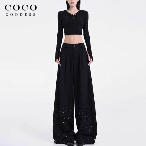 COCO&GODDESS黑色烫钻设计感西装裤女2025夏季新款宽松显瘦阔腿裤