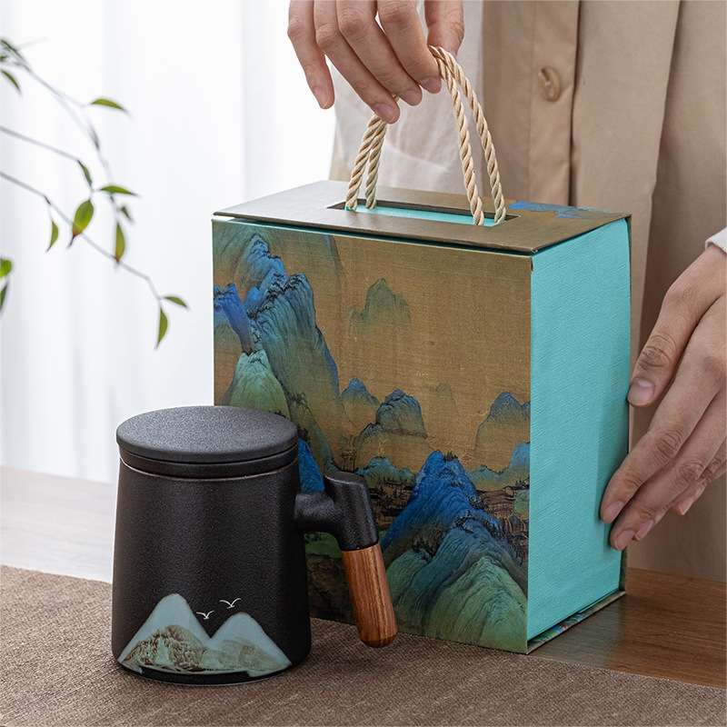 国潮陶瓷茶杯办公杯茶水分离马克杯子木柄水杯泡茶杯带盖商务礼品