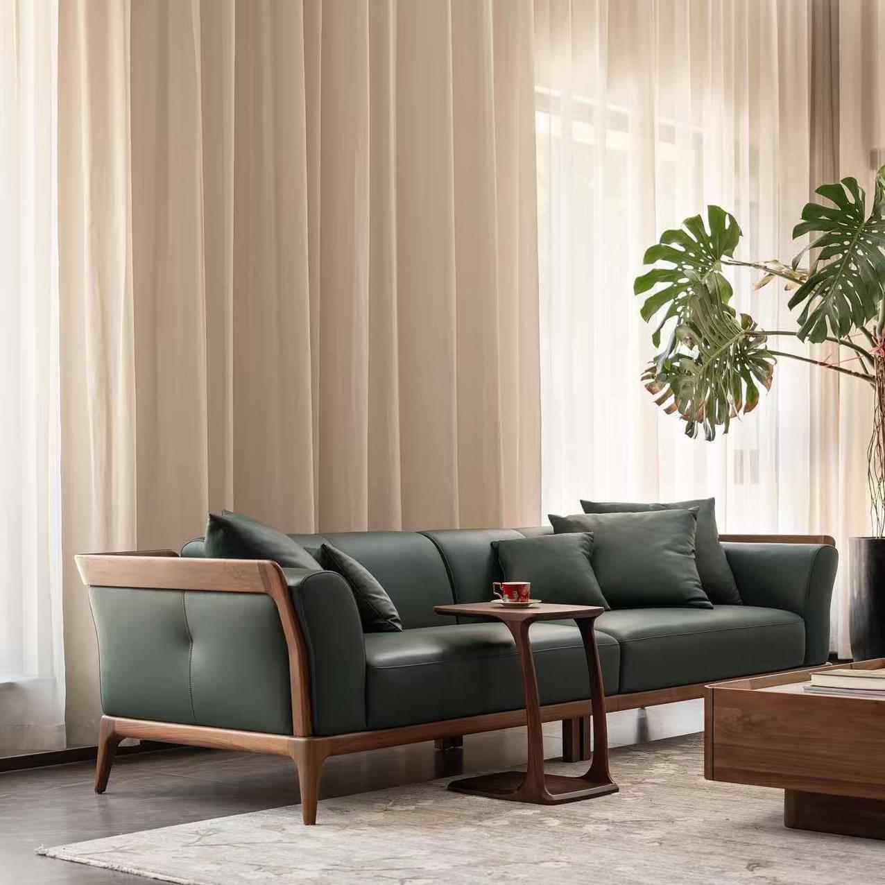 新中式北美黑胡桃木实木沙发组合高端客厅真皮别墅大平层家具定制