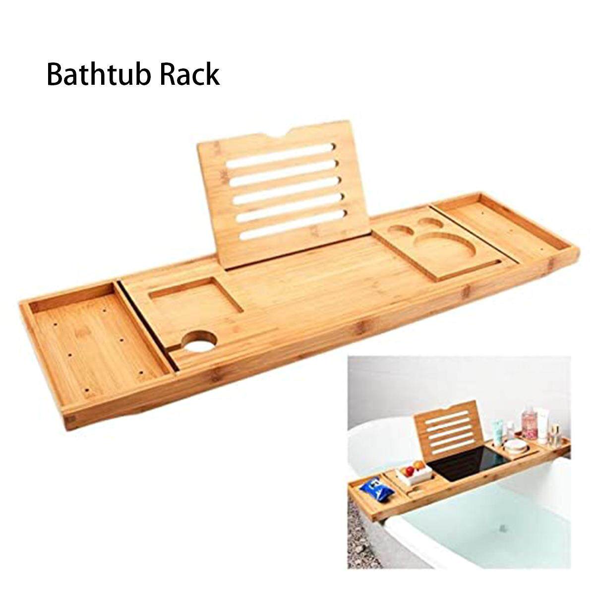 现货竹制浴缸置物架多功能伸缩泡澡支架红酒架手机平板浴缸托盘架