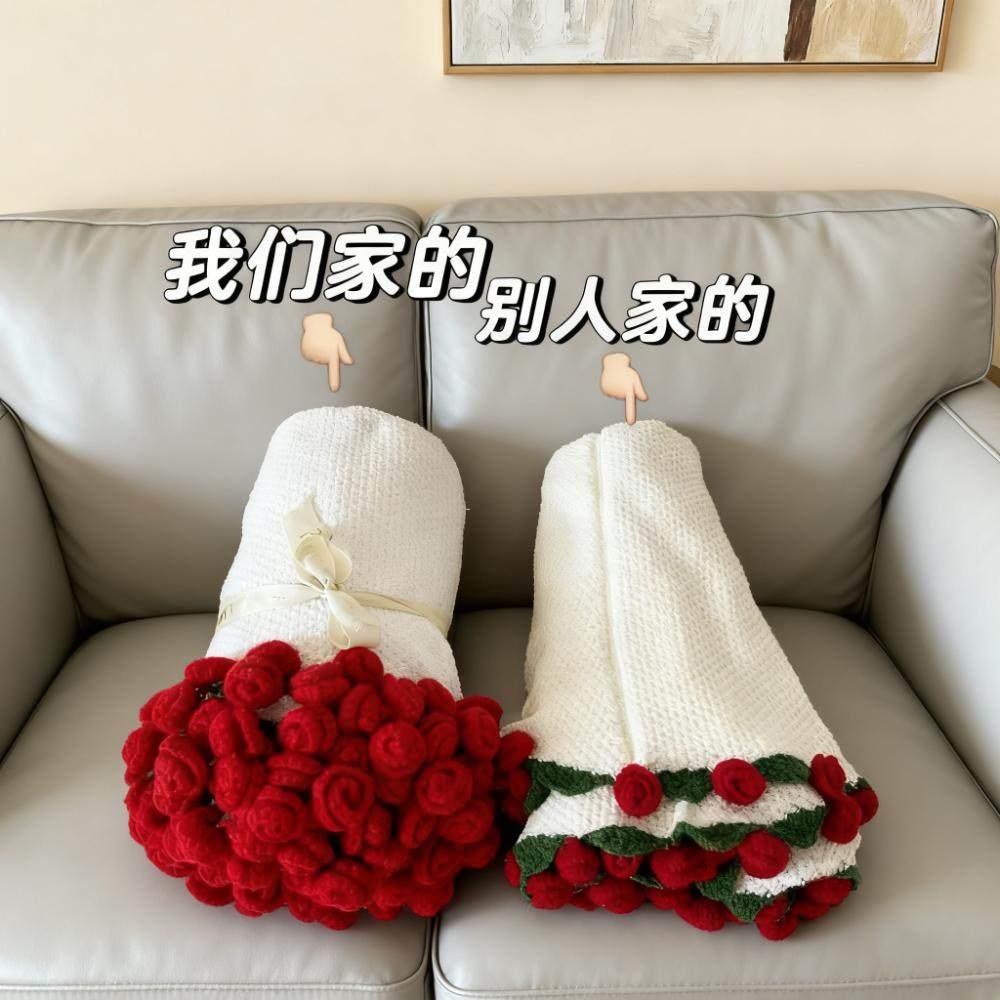 成品玫瑰花束毛毯手工毛线毯子送女生闺蜜生日礼物新婚送新人实用