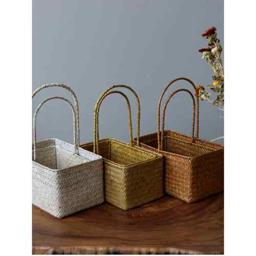 田园系列海草手提篮收纳篮中式插花篮手工编织篮手办礼品篮子