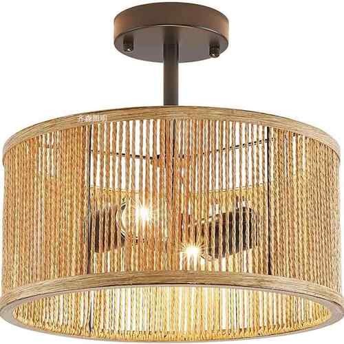 简约编织绳客厅厅吸顶灯卧室书房餐灯具玄关吧麻台藤古编铁艺706